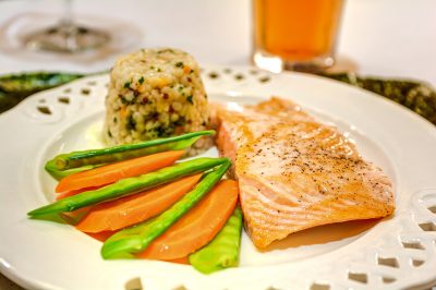 Broadway Mesa Village | Salmon with rice and vegetables