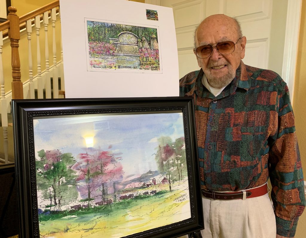 Pegasus Senior Living | Louis and his painting at Town Village of Leawood